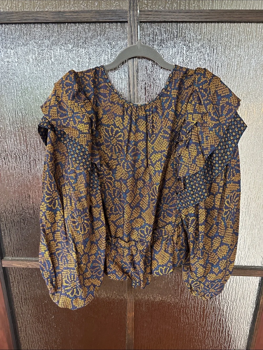 Ulla Johnson Indra Blouse Woven Puff-Sleeve Peplum Top in Navy Sz 12